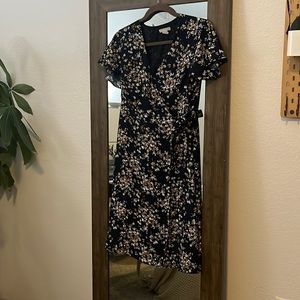 Navy Floral Midi Wrap Dress